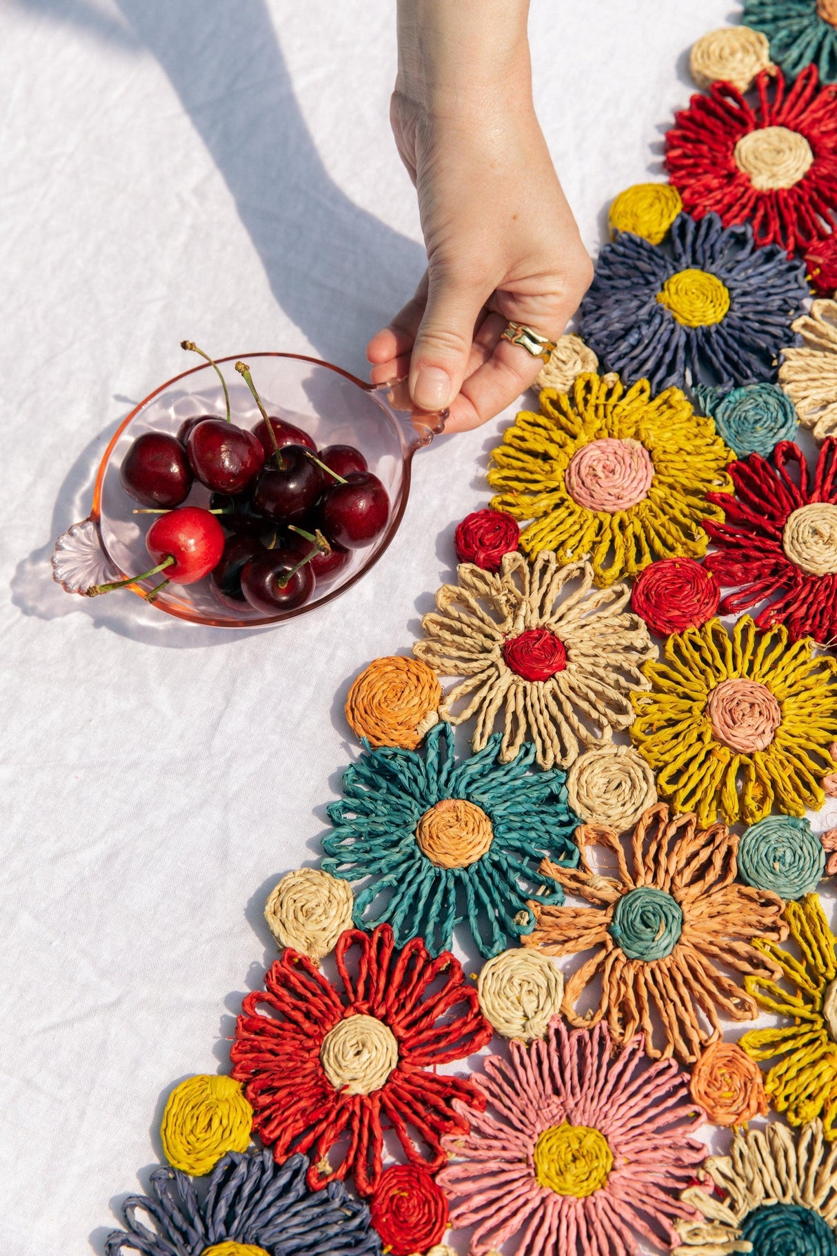 Fleur Raffia Flower Table Runner, Multicolor Flowers Woven Tabletop-tabletop-Parc Decor