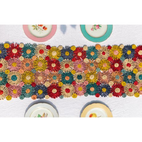 Fleur Raffia Flower Table Runner, Multicolor Flowers Woven Tabletop-tabletop-Parc Decor