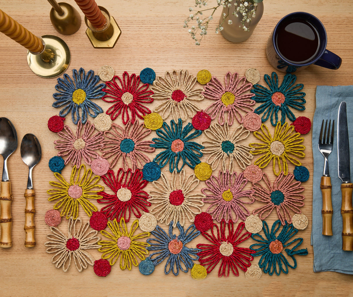 Fleur Raffia placemat, Multicolor Flowers woven tabletop-table tops-Parc Decor