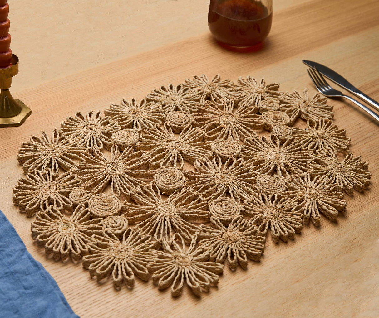 Fleur Raffia Placemat, Natural Color Flowers Woven Tabletop-table top-Parc Decor