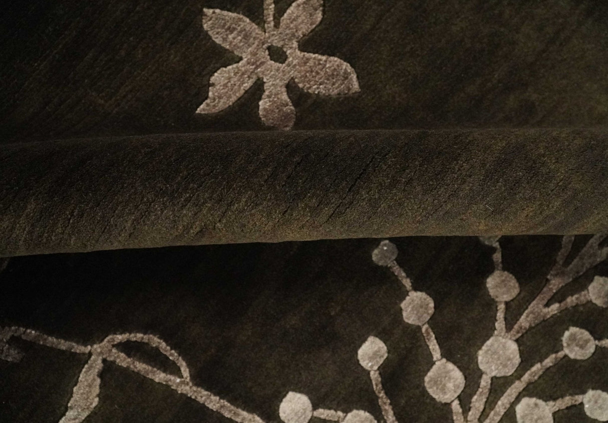 Floral 6x8 Dark Brown and Copper Wool and Silk Hand Woven Rug