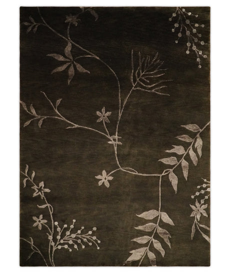 Floral 6x8 Dark Brown and Copper Wool and Silk Hand Woven Rug