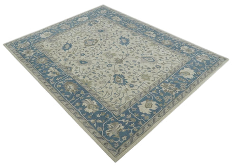 Floral 8x10 Hand Tufted Beige and Blue Modern Oushak Rug