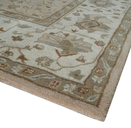 Floral 8x10 Hand Tufted Peach, Ivory and Olive Modern Oushak Rug