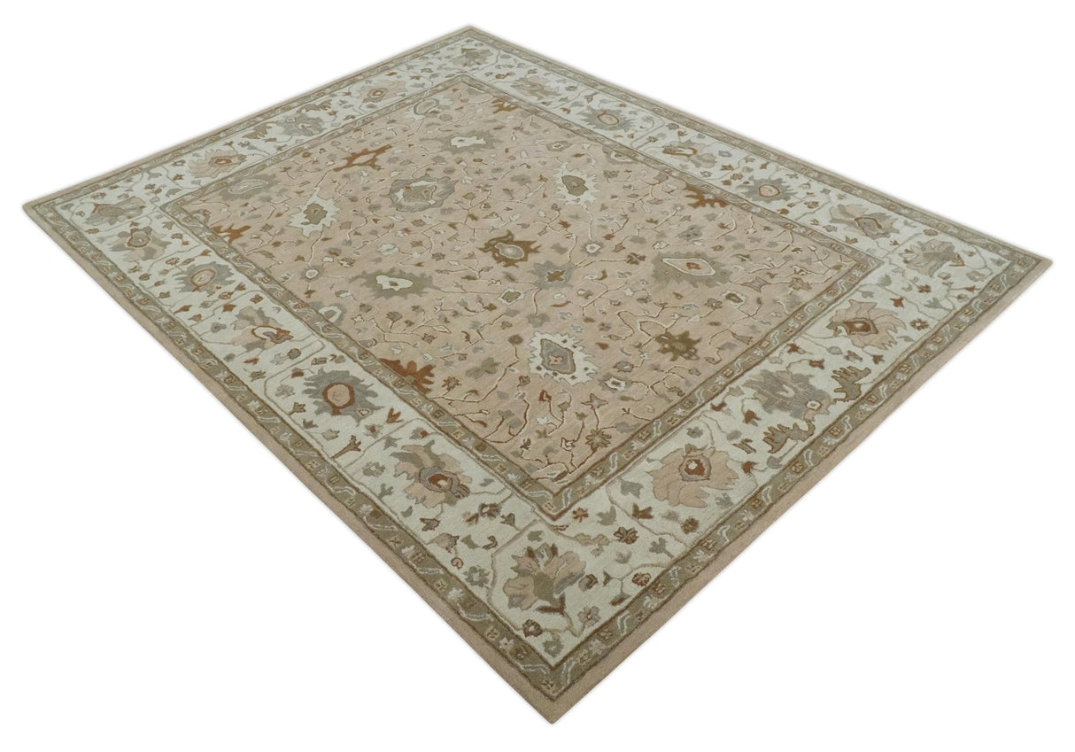 Floral 8x10 Hand Tufted Peach, Ivory and Olive Modern Oushak Rug