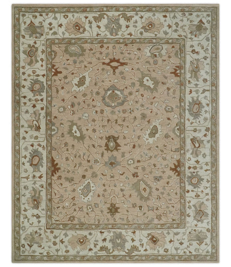 Floral 8x10 Hand Tufted Peach, Ivory and Olive Modern Oushak Rug