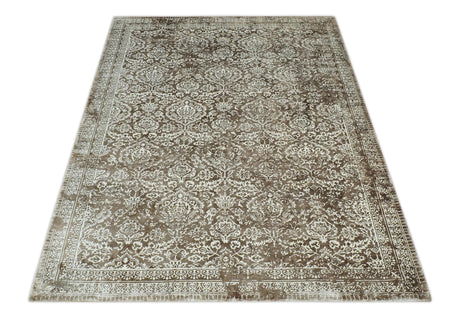 Floral Brown and Ivory Traditional Ikat Large Design 5.6x8 Hand loom Viscose Area Rug