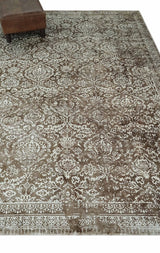 Floral Brown and Ivory Traditional Ikat Large Design 5.6x8 Hand loom Viscose Area Rug