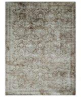Floral Brown and Ivory Traditional Ikat Large Design 5.6x8 Hand loom Viscose Area Rug