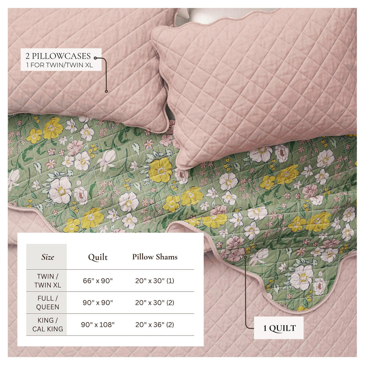 Floral Print & Scalloped Edge Cotton Quilt Set - Gwen Collection-Quilts & Comforters-Parc Decor