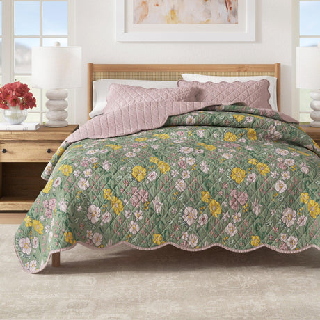 Floral Print & Scalloped Edge Cotton Quilt Set - Gwen Collection-Quilts & Comforters-Parc Decor