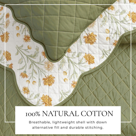 Floral Print & Scallopeded Edge Cotton Quilt Set - Illiana Collection-Quilts & Comforters-Parc Decor