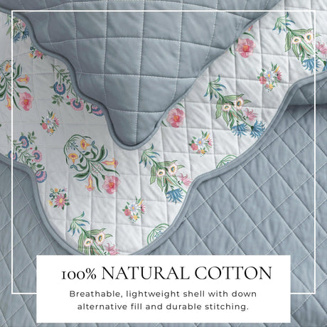 Floral Print & Scallopeded Edge Cotton Quilt Set - Katrin Collection-Quilts & Comforters-Parc Decor