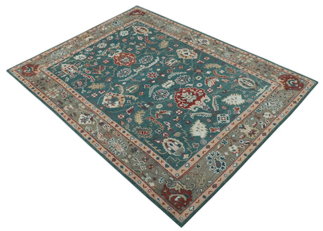 Floral Teal, Camel and Brown Hand Knotted Oriental Oushak Multi Size wool Area Rug
