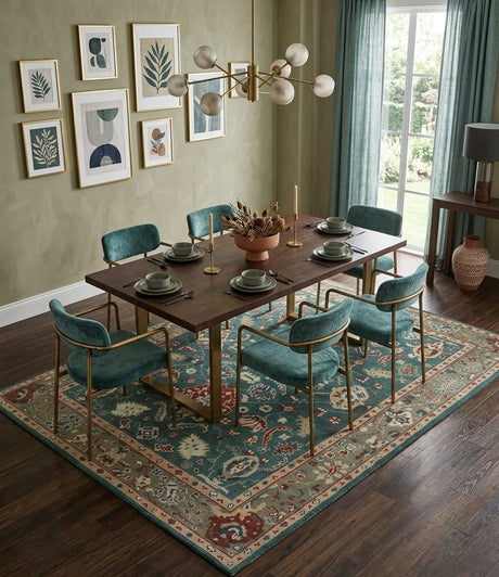 Floral Teal, Camel and Brown Hand Knotted Oriental Oushak Multi Size wool Area Rug