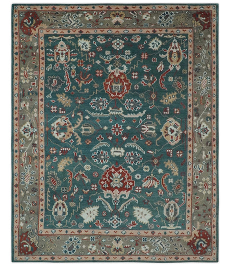 Floral Teal, Camel and Brown Hand Knotted Oriental Oushak Multi Size wool Area Rug