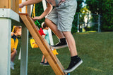 Forest | Modern Wooden Swing Set with Playhouse, Slide & Rock Wall