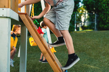 Forest | Modern Wooden Swing Set with Playhouse, Slide & Rock Wall