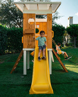 Forest | Modern Wooden Swing Set with Playhouse, Slide & Rock Wall