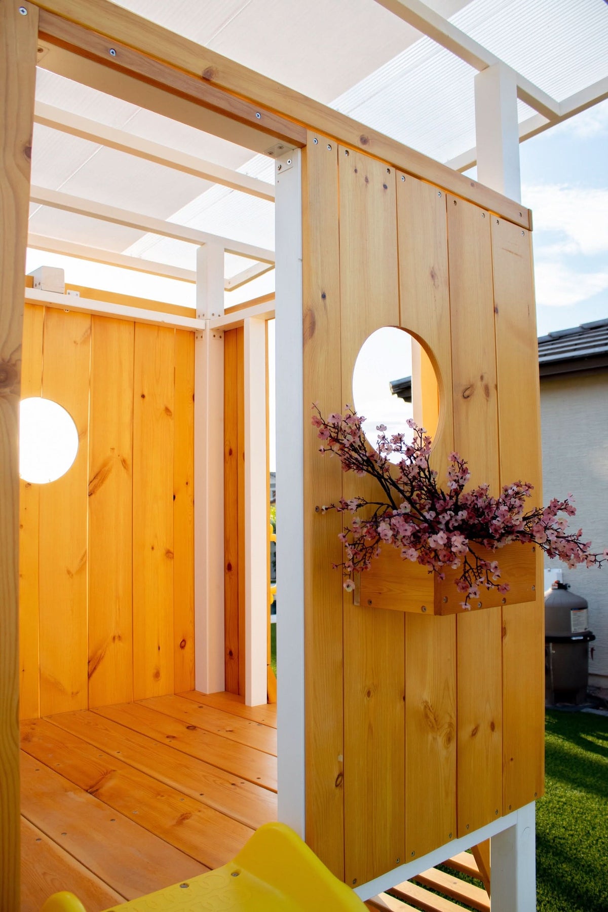 Forest | Modern Wooden Swing Set with Playhouse, Slide & Rock Wall