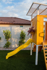 Forest | Modern Wooden Swing Set with Playhouse, Slide & Rock Wall
