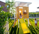 Forest | Modern Wooden Swing Set with Playhouse, Slide & Rock Wall
