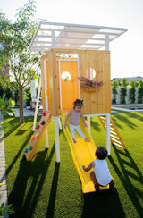 Forest | Modern Wooden Swing Set with Playhouse, Slide & Rock Wall