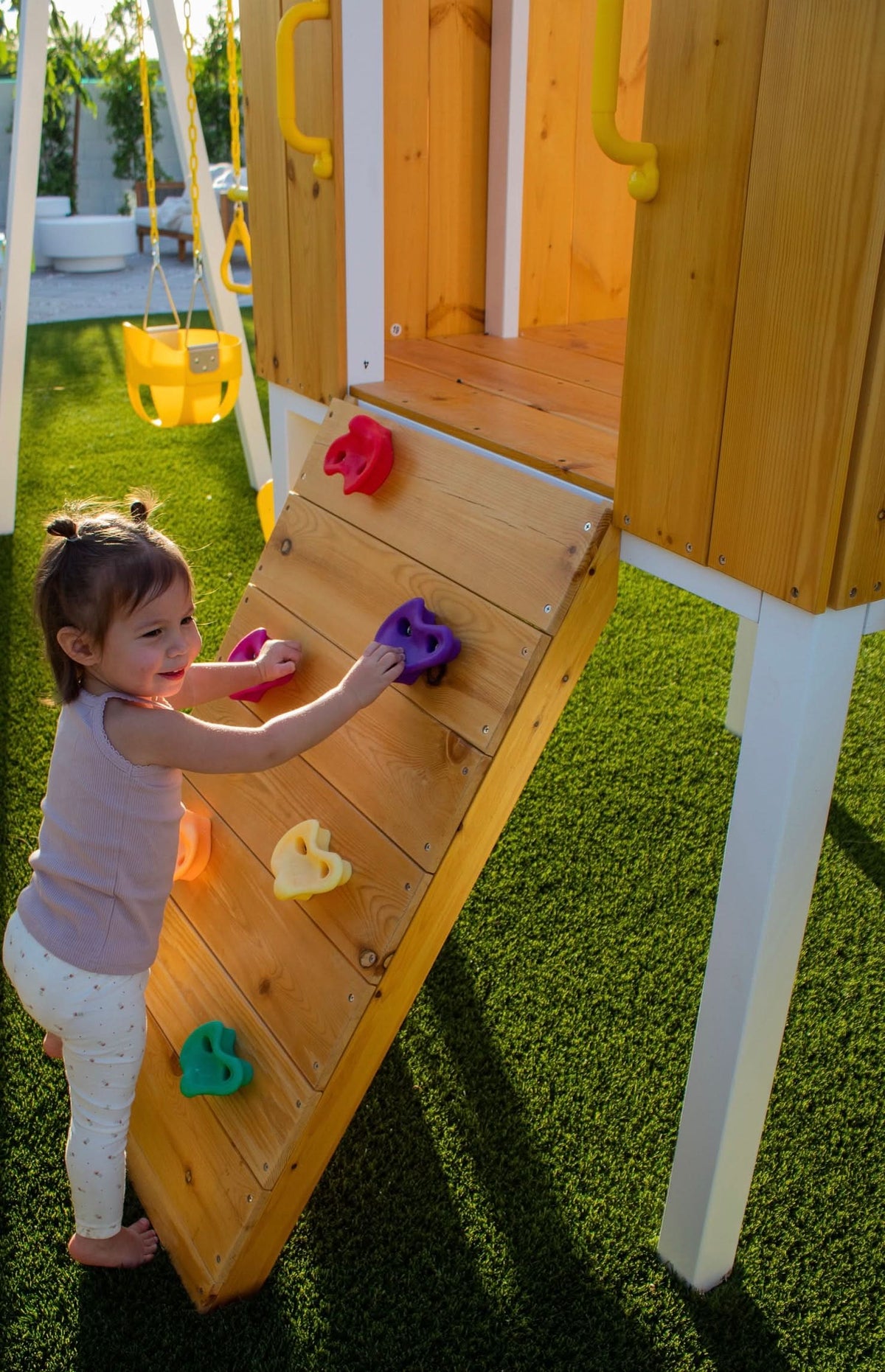 Forest | Modern Wooden Swing Set with Playhouse, Slide & Rock Wall