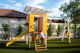Forest | Modern Wooden Swing Set with Playhouse, Slide & Rock Wall
