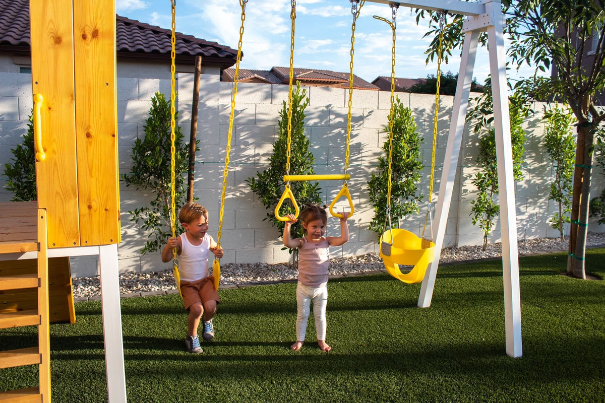 Forest | Modern Wooden Swing Set with Playhouse, Slide & Rock Wall