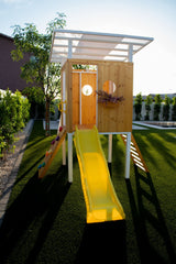 Forest | Modern Wooden Swing Set with Playhouse, Slide & Rock Wall