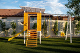 Forest | Modern Wooden Swing Set with Playhouse, Slide & Rock Wall