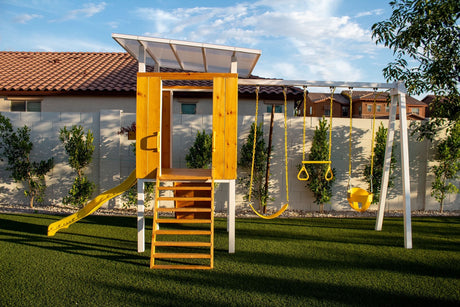 Forest | Modern Wooden Swing Set with Playhouse, Slide & Rock Wall