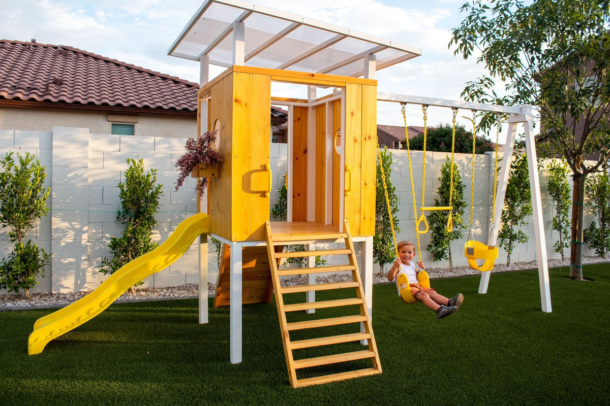 Forest | Modern Wooden Swing Set with Playhouse, Slide & Rock Wall