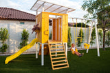 Forest | Modern Wooden Swing Set with Playhouse, Slide & Rock Wall