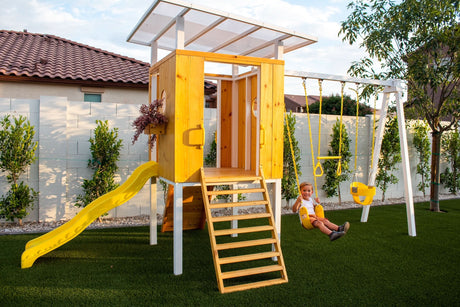 Forest | Modern Wooden Swing Set with Playhouse, Slide & Rock Wall