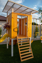 Forest | Modern Wooden Swing Set with Playhouse, Slide & Rock Wall