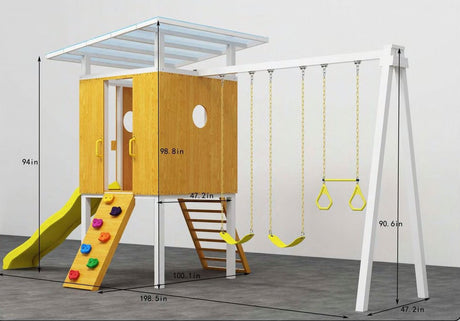 Forest | Modern Wooden Swing Set with Playhouse, Slide & Rock Wall