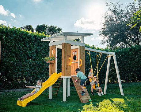 Forest | Modern Wooden Swing Set with Playhouse, Slide & Rock Wall