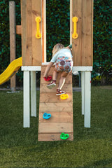 Forest | Modern Wooden Swing Set with Playhouse, Slide & Rock Wall
