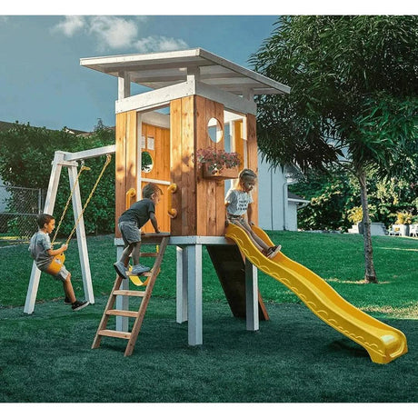 Forest | Modern Wooden Swing Set with Playhouse, Slide & Rock Wall