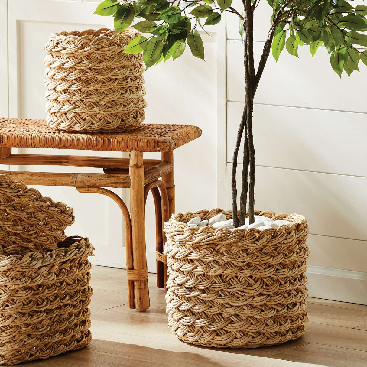 French Braided Abaca Storage Baskets (Set of 2)-Storage Baskets-Parc Decor