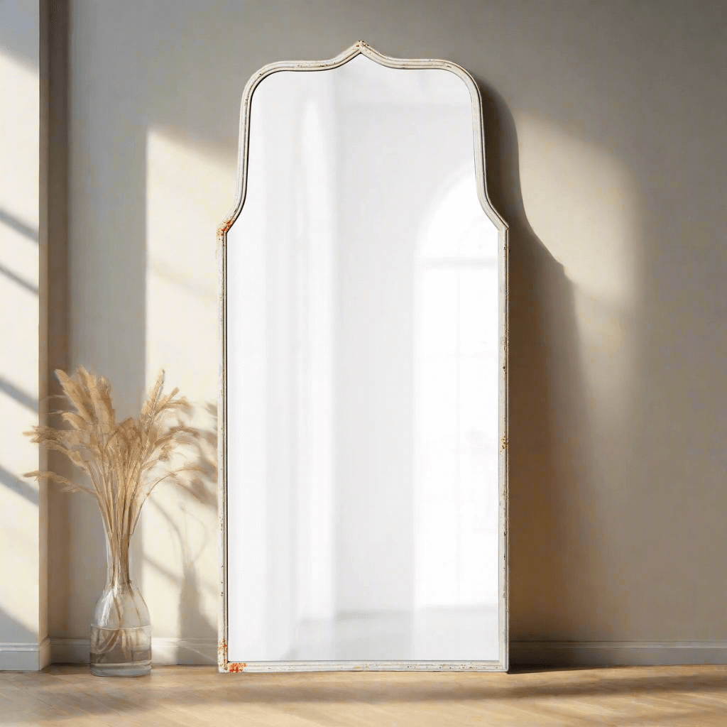 French Country Arch Mirror with Distressed White Frame-Wall Mirror-Parc Decor