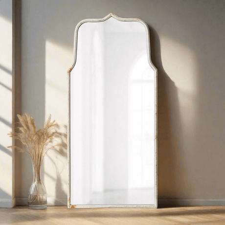 French Country Arch Mirror with Distressed White Frame-Wall Mirror-Parc Decor