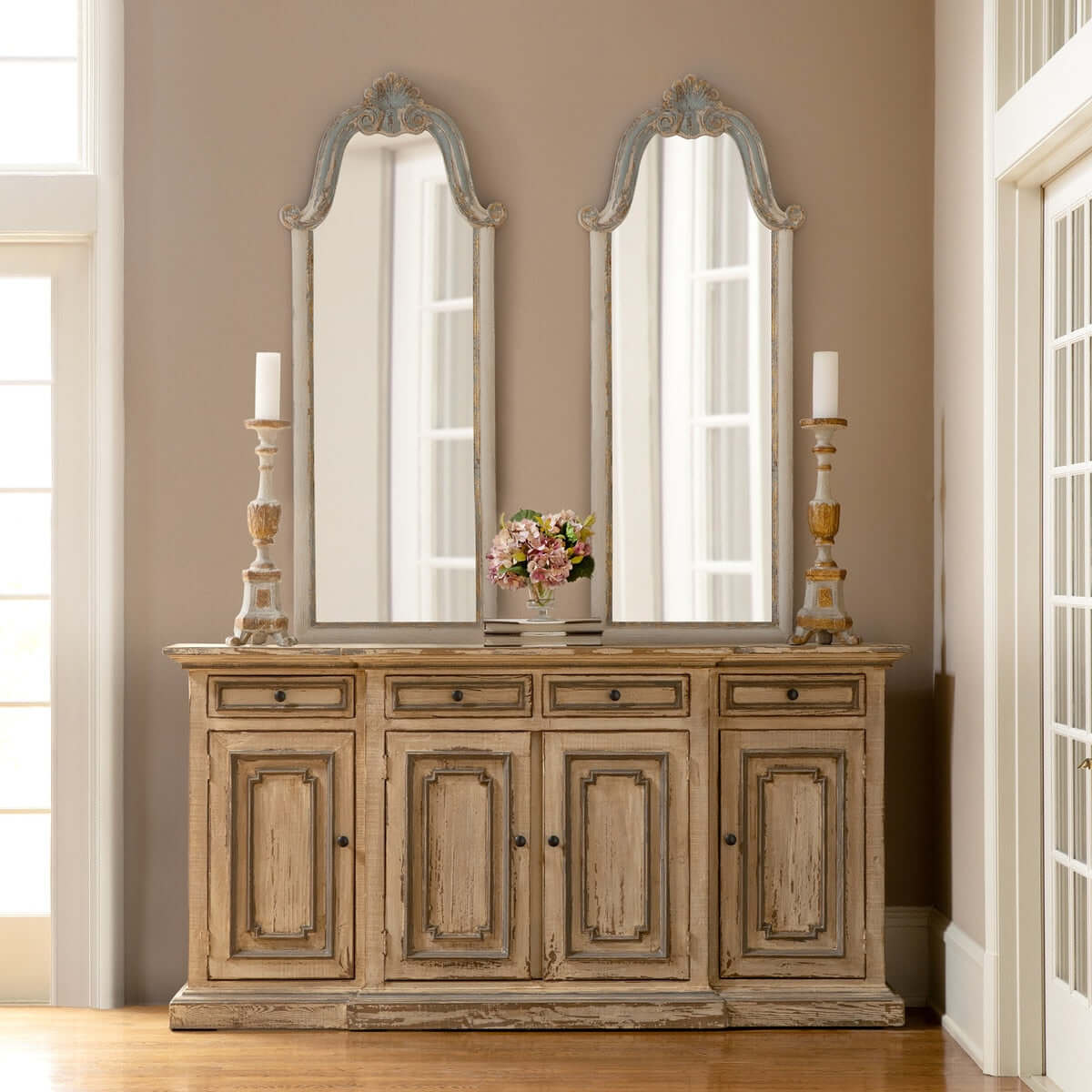 French Country Carved Wood Floor Mirror-Wall Mirror-Parc Decor