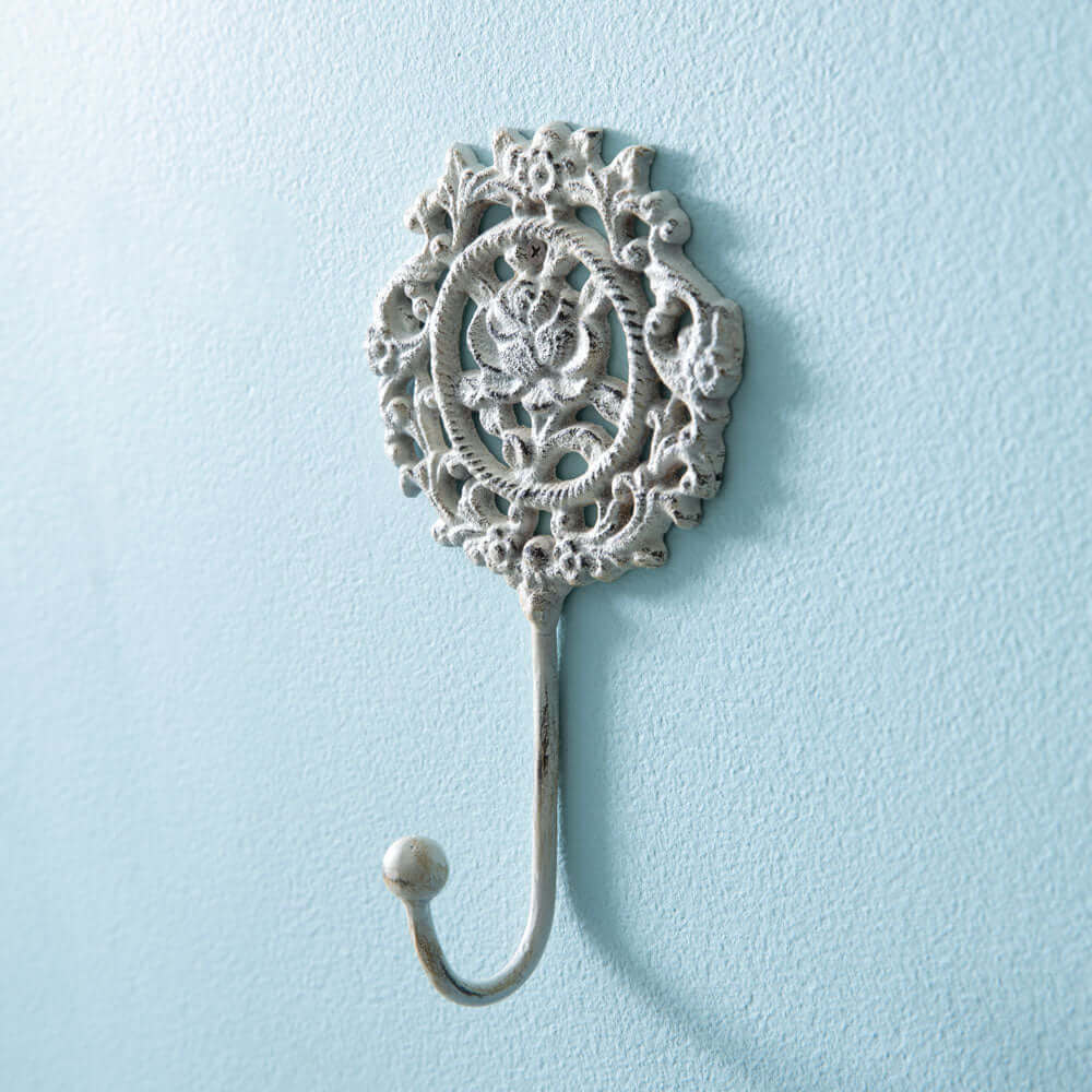French Country Rose Wall Hook in White Cast Iron (Set of 2)-Wall Decor-Parc Decor