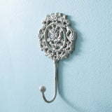 French Country Rose Wall Hook in White Cast Iron (Set of 2)-Wall Decor-Parc Decor
