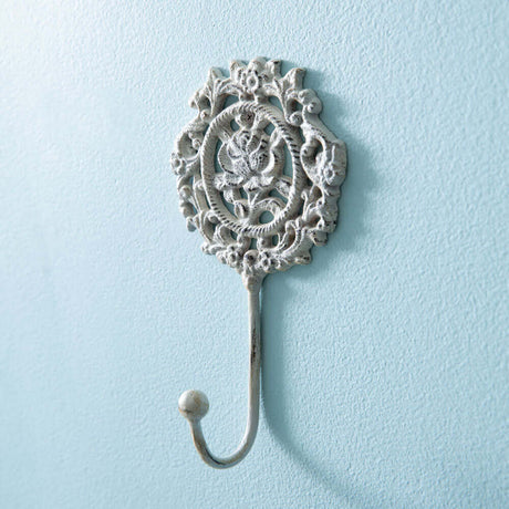 French Country Rose Wall Hook in White Cast Iron (Set of 2)-Wall Decor-Parc Decor
