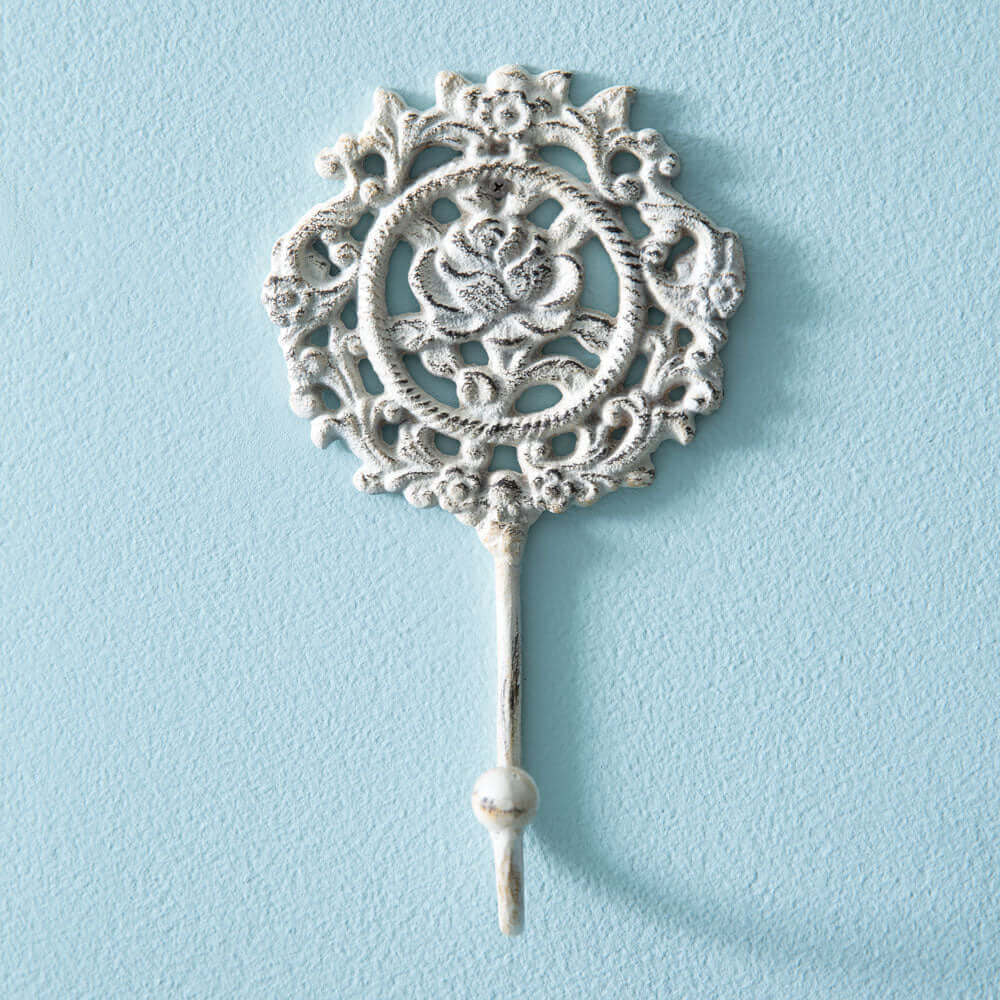 French Country Rose Wall Hook in White Cast Iron (Set of 2)-Wall Decor-Parc Decor