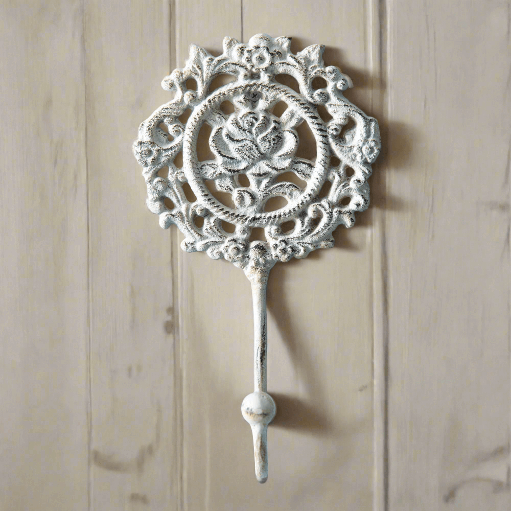 French Country Rose Wall Hook in White Cast Iron (Set of 2)-Wall Decor-Parc Decor